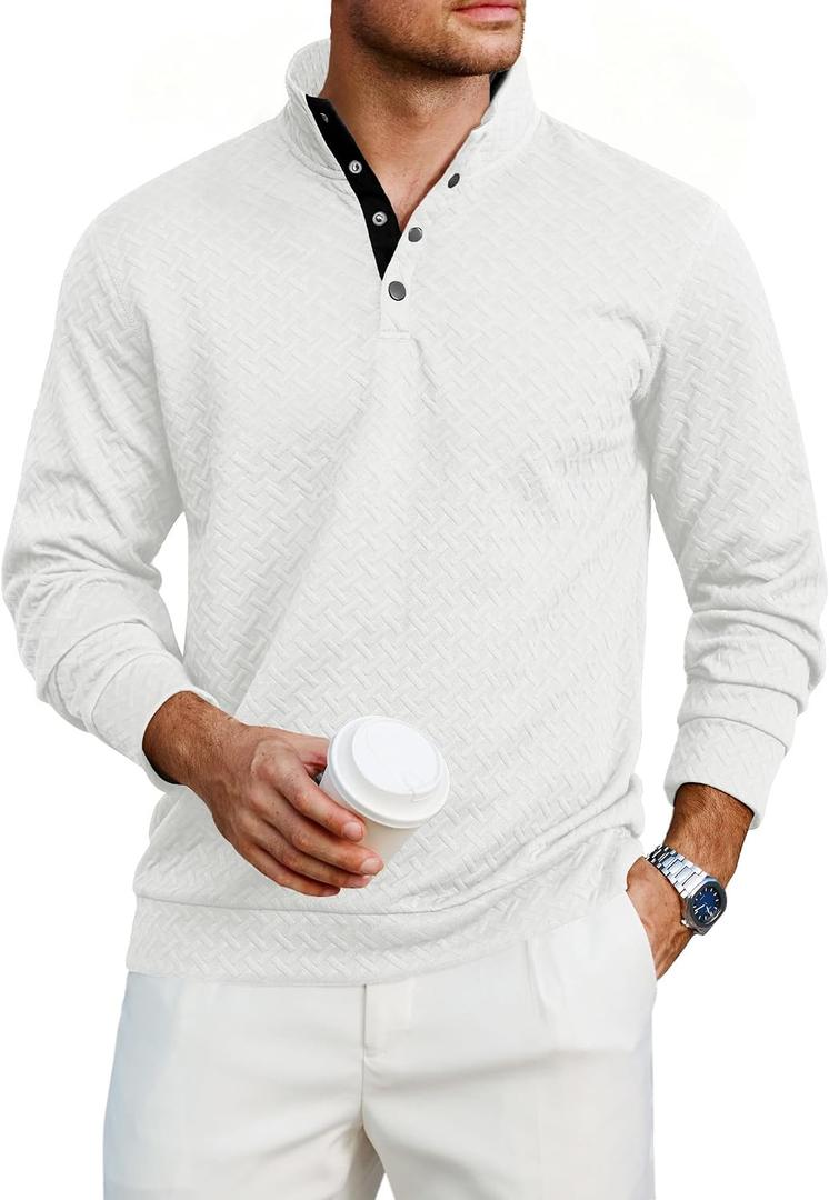 Lexiart Mens Fashion Quilted Long Sleeve Sweatshirts Thermal Stand Collar Quarter Button Up Pullover Sweatshirt (White, XXL)