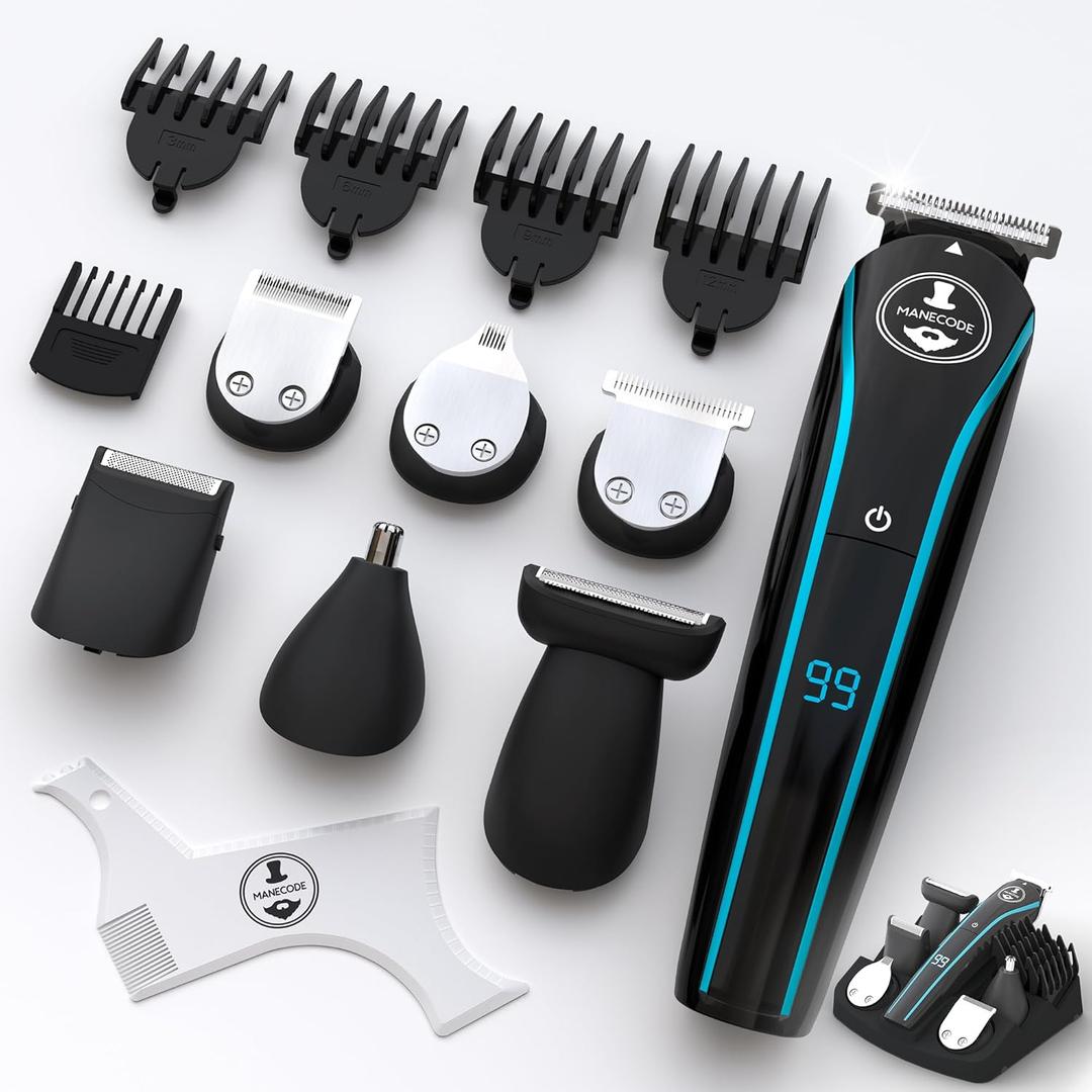 MANECODE Beard & Hair Trimmer for Men Self-Sharp Blades USB-C, Waterproof, LED Display Multi-Grooming Kit