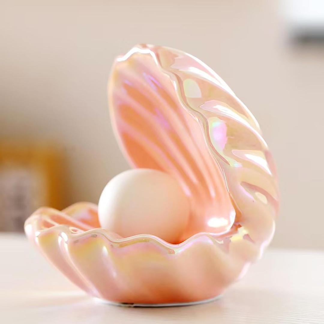 LED Ceramic Shell Pearl Light, Portable Ocean-Inspired Night Light Tabletop Light, Streamer Fairy Shell Night Lamp for Bedside Living Room Home Decoration (Pink)