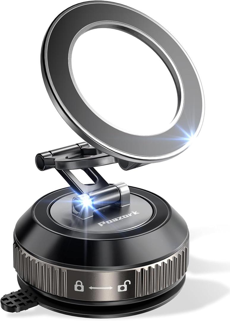 Tri-Folding Car Phone Holder for Magsafe[80+LBs Strongest Suction & 2850gf Strongest Magnetic], 360Adjustable Phone Holders for Car, Suction Cup Phone Mount for iPhone17Pro Max /16/15/14SeriesBlack