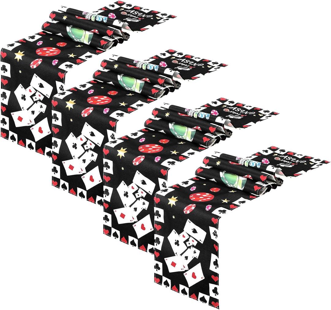 Kingdder 4 Pcs Casino Theme Party Decorations Linen Poker Table Runners 13" x 72" Tablecloth Las Vegas Casino Night Party Decorations for Card Game Bachelorette Birthday Supplies (Elegant Style)