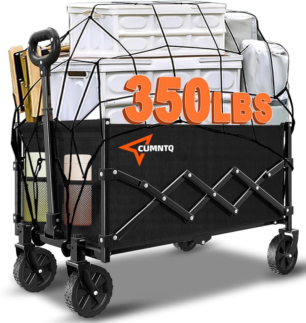 Collapsible Folding Wagon, 350lb Weight Capacity Collapsible Wagon with All-Terrain Wheels, Cup Holders and Adjustable Handle Utility Wagon, for Grocery Camping Garden Sports Shopping, Black (100L)