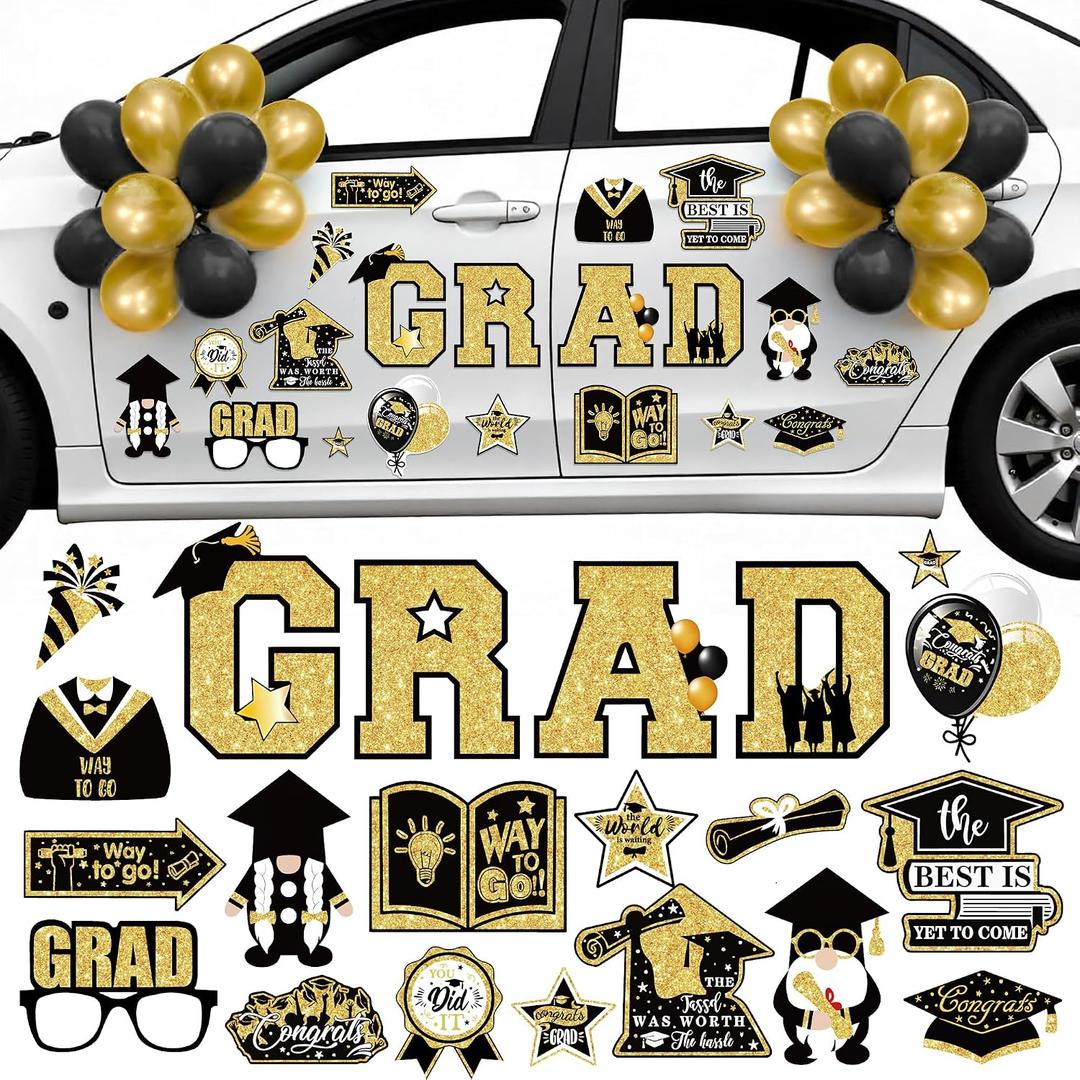 KatchOn, Graduation Car Magnets with Balloons - Pack of 51 | Magnetic Grad Stickers, Grad Balloons for Grad Parade Car Decor, Class of 2026 Decorations | Black and Gold Graduation Decorations 2026