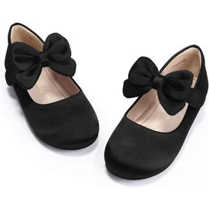 PANDANINJIA Girls Toddler/Little Kid Megan Dress Flats Shoes Pearls Bow Flower Girl Ballet Flat Mary Jane(Black Silk, 13 M US Little Kid)