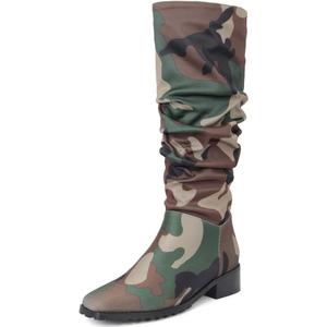 YIYA Women's Camouflage Slouchy Knee High Boots Square Toe Chunky Flat Heel Riding Combat Tall Pull On Boots (4, Brown)
