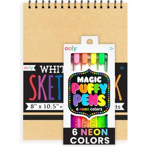 Ooly Puffy Paint Neon Gel Pens Set of 6 & Sketchbook Bundle, 3D Foam Texture Painting Magic Puffy Pen, Creative and Fun Pens for Kids Arts and Crafts Drawing Supplies