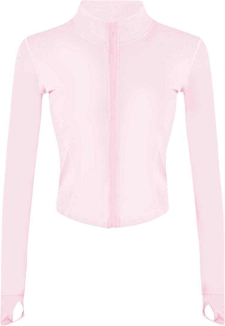 Tanming Women's Full Zip Seamless Workout Jacket Running Yoga Slim Fit Track Jacket (Pink)