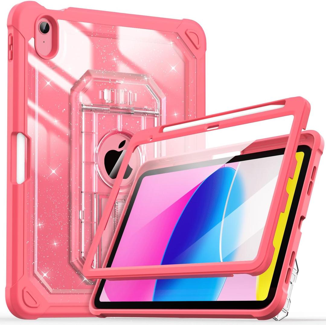 Cantis Case for iPad A16 11 Inch 2025/ iPad 10th Generation 2022 (10.9 inch) with Screen Protector & Pencil Holder, 11th Generation Case with Larger Stable Stand, Glitter+Rosered