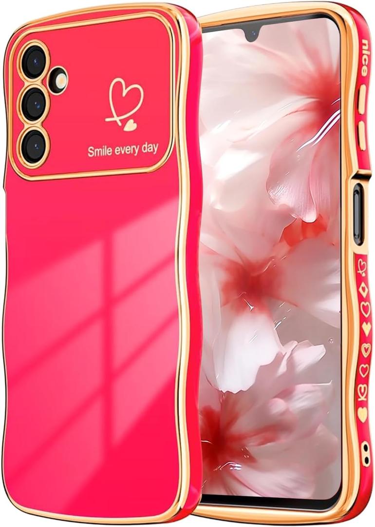 NITITOP Compatible with Samsung Galaxy S23 FE Case Cute Luxury Women Girls Men with Love Heart Electroplated Pattern Curly Wave Frame Raised Camera Shockproof Protection Cover-Rose Red