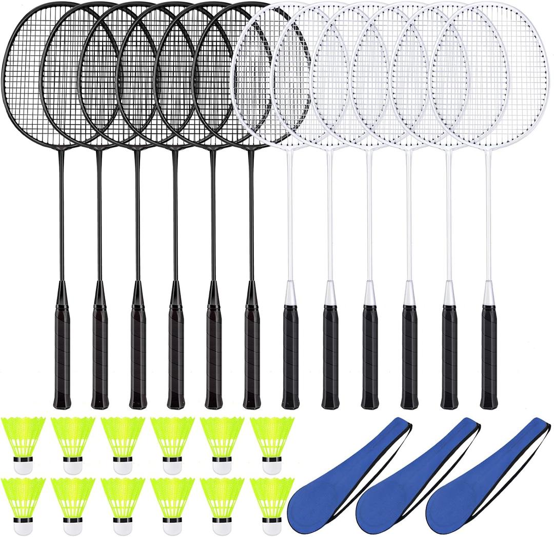 12 Pack Badminton Rackets Set Including Badminton Racquets, Nylon Shuttlecocks and Carry Bag for Outdoor Backyard Games Beginners