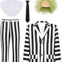 Halloween Costumes for Men Scary Black and White Stripe Suit with Wig (Large)