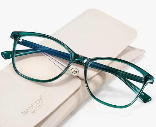 Madison Avenue Square Vintage TR90 Blue Light Blocking Reading Glasses for Women with Case, Anti Glare/Eyestrain Computer Readers Green +1.0