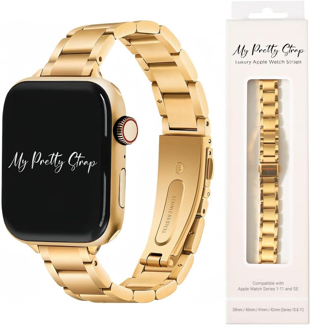 My Pretty Strap - Compatible Apple Watch Band Strap, Stainless Steel Fashion iWatch Replacement Strap- Easy Resizing, No Tool Needed, Fits Most Wrists- Compatible with Series 1-11, SE and Ultra
