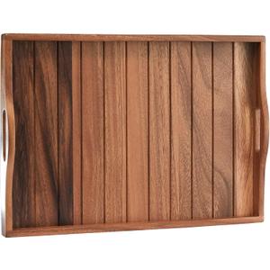 Large Acacia Wooden Serving Tray with Handles 20 x 14 inch Decorative Coffee Table Ottoman Tray for Living Room Extra Large for Kitchen Dinner Food Bar Breakfast in Bed (Color Natural)