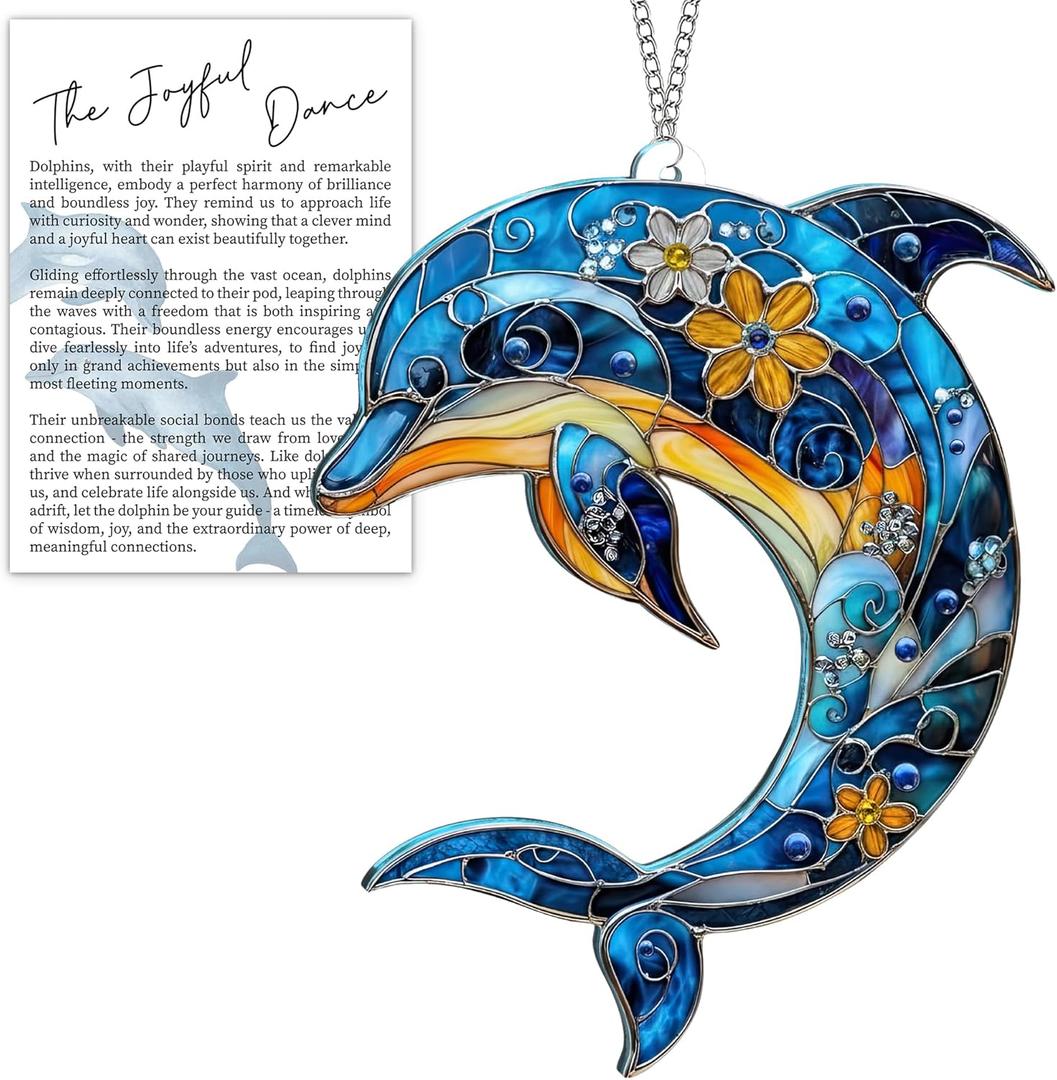 Beach Christmas Ornaments for Tree, Sea Turtle Acrylic Suncatcher Ornament with Story Card, Sea Turtle Gifts for Women, Beach Gifts for Women, Christmas Stocking Stuffers Ideas (Dolphin)