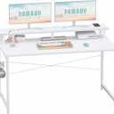 Pamray 47 Inch Small Computer Desk with Monitor Stand, Simple Office Desk with Headphone Hook for Small Spaces, Kids Study Writing Table for Bedroom, White