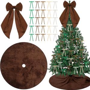 32 Pcs Vintage Brown Christmas Tree Decorations Brown Velvet Xmas Tree Skirt Large Topper Bow Christmas Ribbon Garland Wreath Ornament for Xmas Party Indoor Outdoor Decor