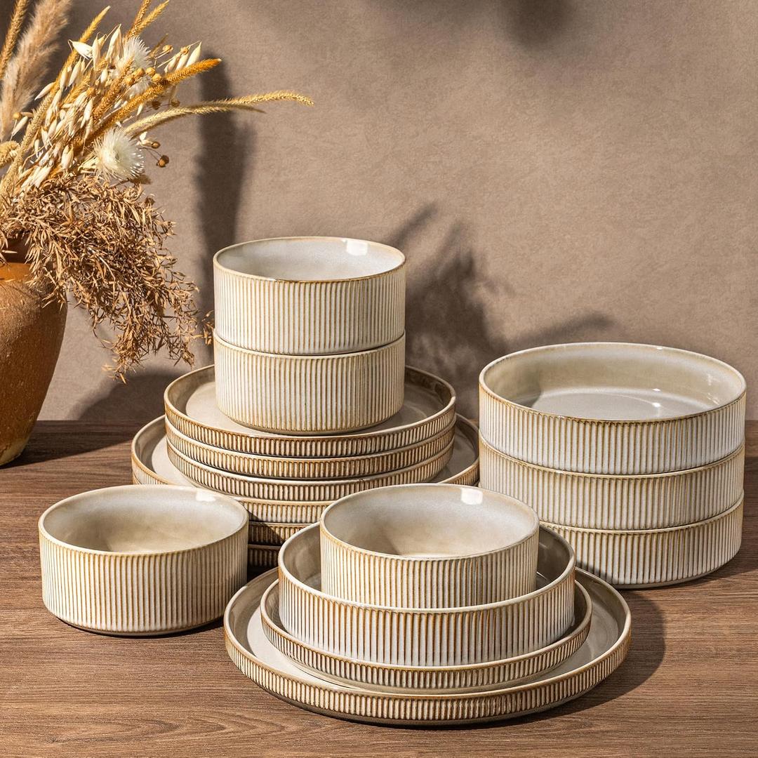 GBHOME Stoneware Dinnerware Sets for 4,16-Piece Plates and Bowls Set | Ribbed Reactive Glaze Ceramic Dish Set, Scratch Resistant, Dishwasher&Microwave Safe,Cappuccino