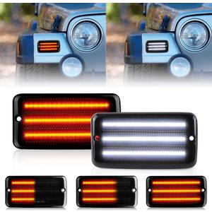 LED Sequential Front Turn Signal Lights White DRL for 1997-2006 Jeep Wrangler TJ, Smoked Lens Bumper Dynamic Amber Blinker Corner Lamps