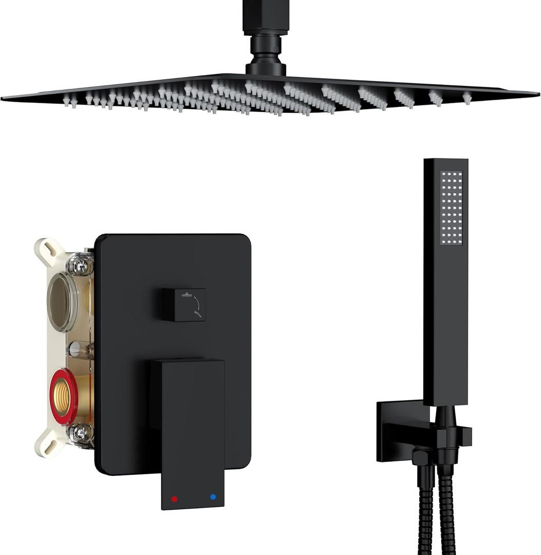 Ceiling Mount Shower System, Black Shower Faucet Set with 12-Inch Rain Showerhead and Handheld Spray Combo, High-Pressure Showerheads Set with Valve and Trim Kit, Matte Black