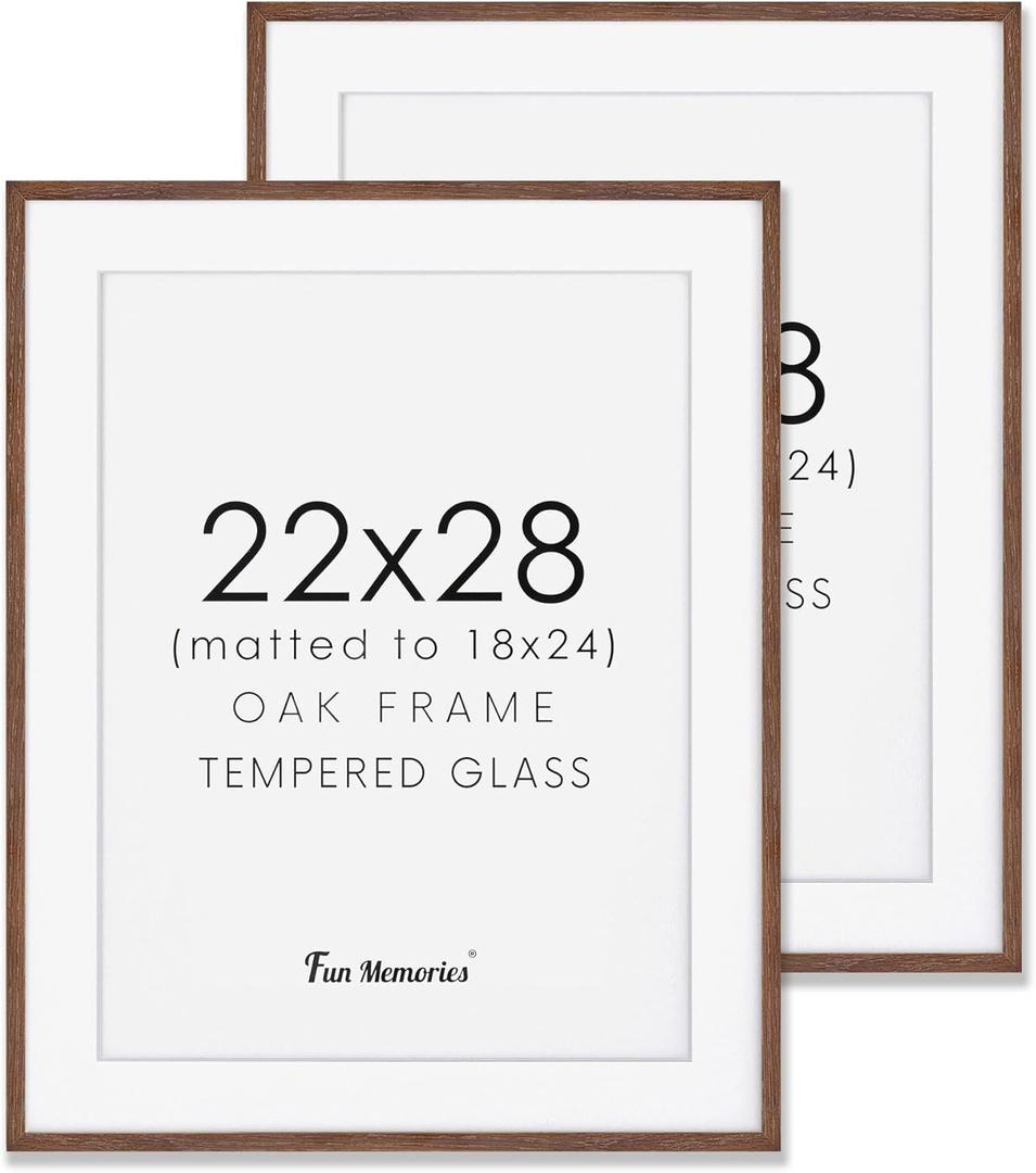 Fun Memories Oak Wood Picture Frame 22x28, 22 x 28 Poster Frame for Wall, 22"x28" Wood Frames Photo Frames in Walnut, Tempered Real Glass, 22x28 Frame with Mat for 18x24 (Walnut, Pack of 2)
