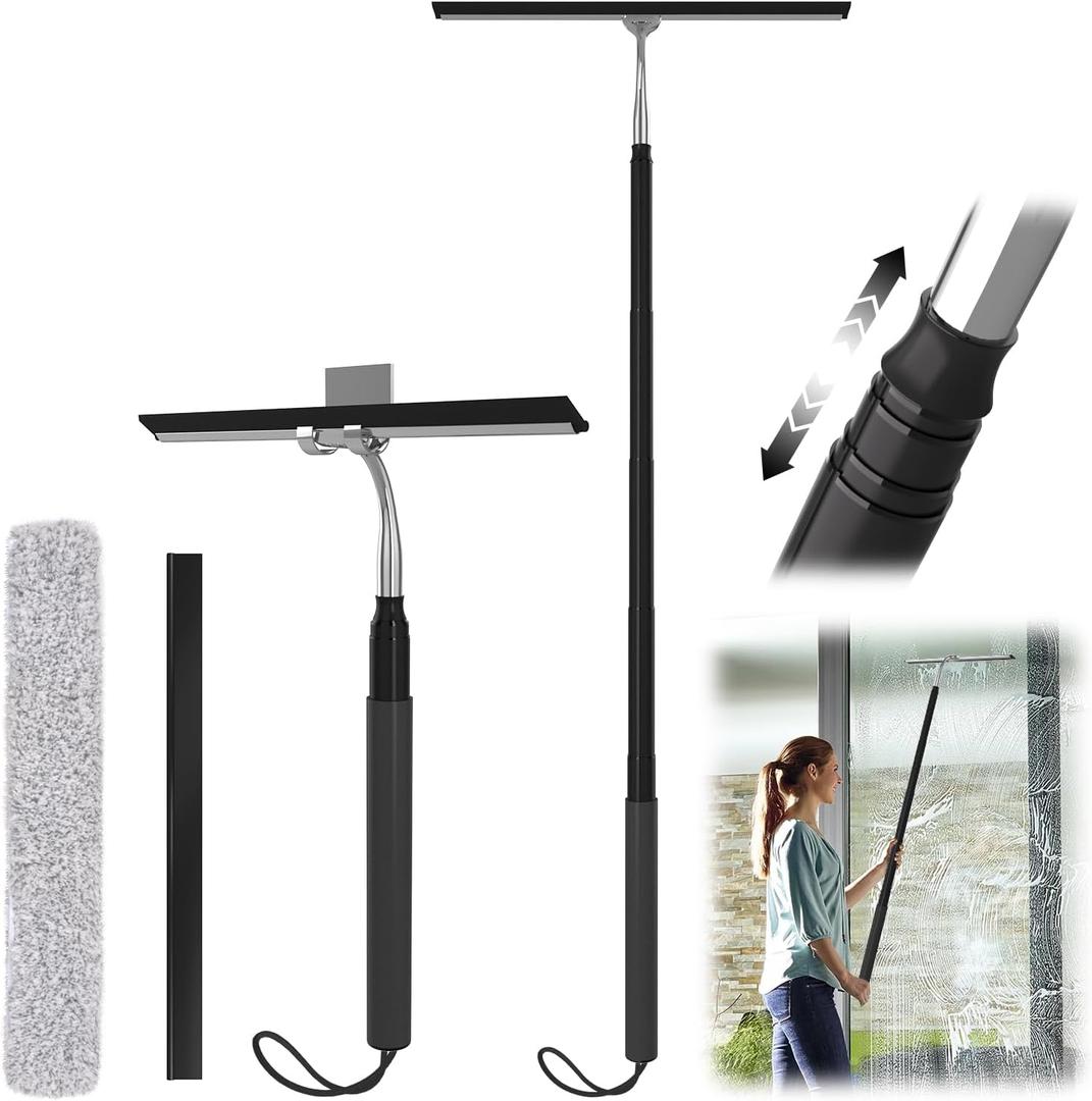 Shower Squeegee with Long Handle, 15-51" Telescopic Squeegee for Window Cleaning, Window Squeegee for Glass Doors, Extendable Window Cleaner Tool for Tile Walls, Sliding Door, Floor, Car Windshield (Silver+black)