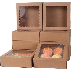 50 pcs 8x8x2.5 Inches Bakery Boxes with Window, Cake Pastry Cookie Mini Pie Box for Pastry,Dessert,Strawberries,Chocolates (Brown)