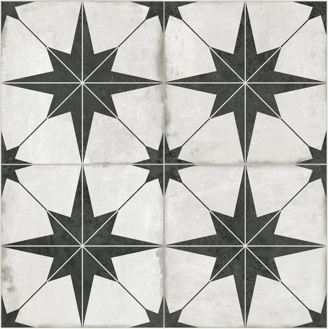 The Tiles Plaza Encaustic Peel and Stick Backsplash, Black Star Patterned Vintage Stick on Tiles, Stone Composite Self-Adhesive Wall Tile Sticker for Kitchen Bathroom Fireplace Stairs, 10 Sheets
