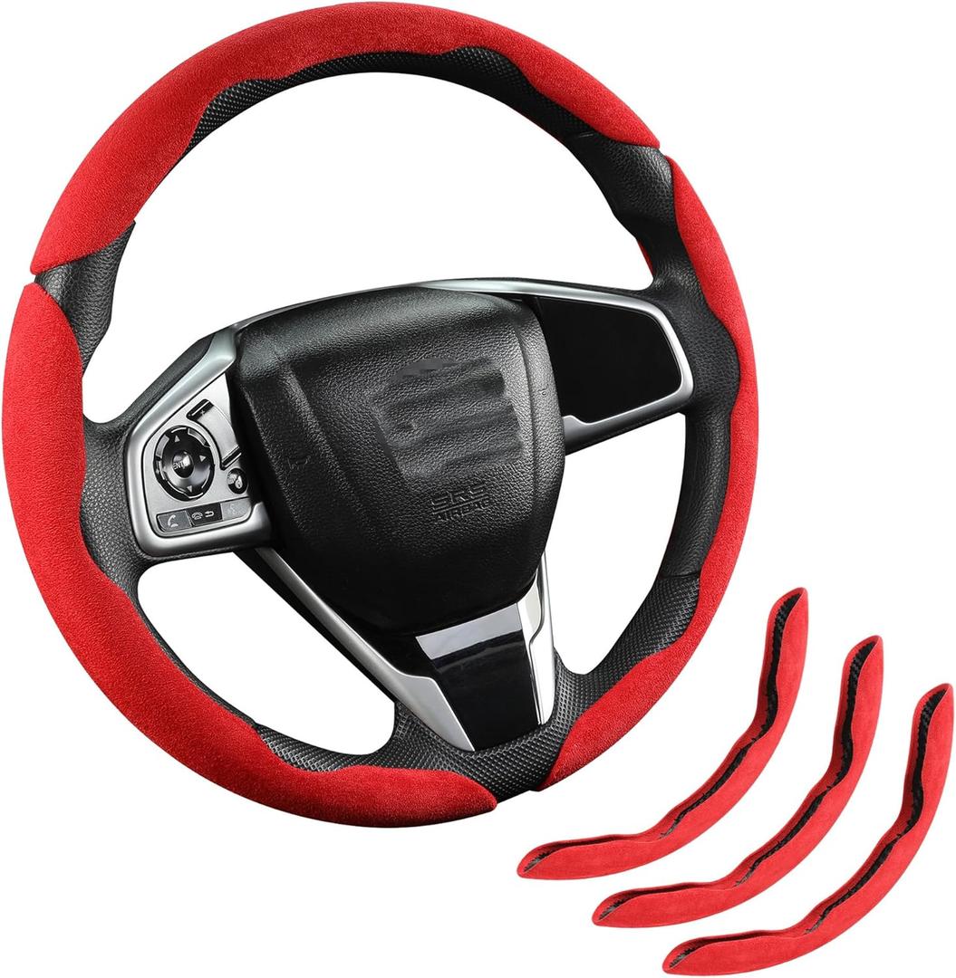 Premium Suede Car Steering Wheel Cover, Non-Slip Segmented, Suitable for Car, SUV, Truck, O/D Shape, 14.5-16inches Steering Wheel Protector,Universal Auto Accessories (red, 3pcs)