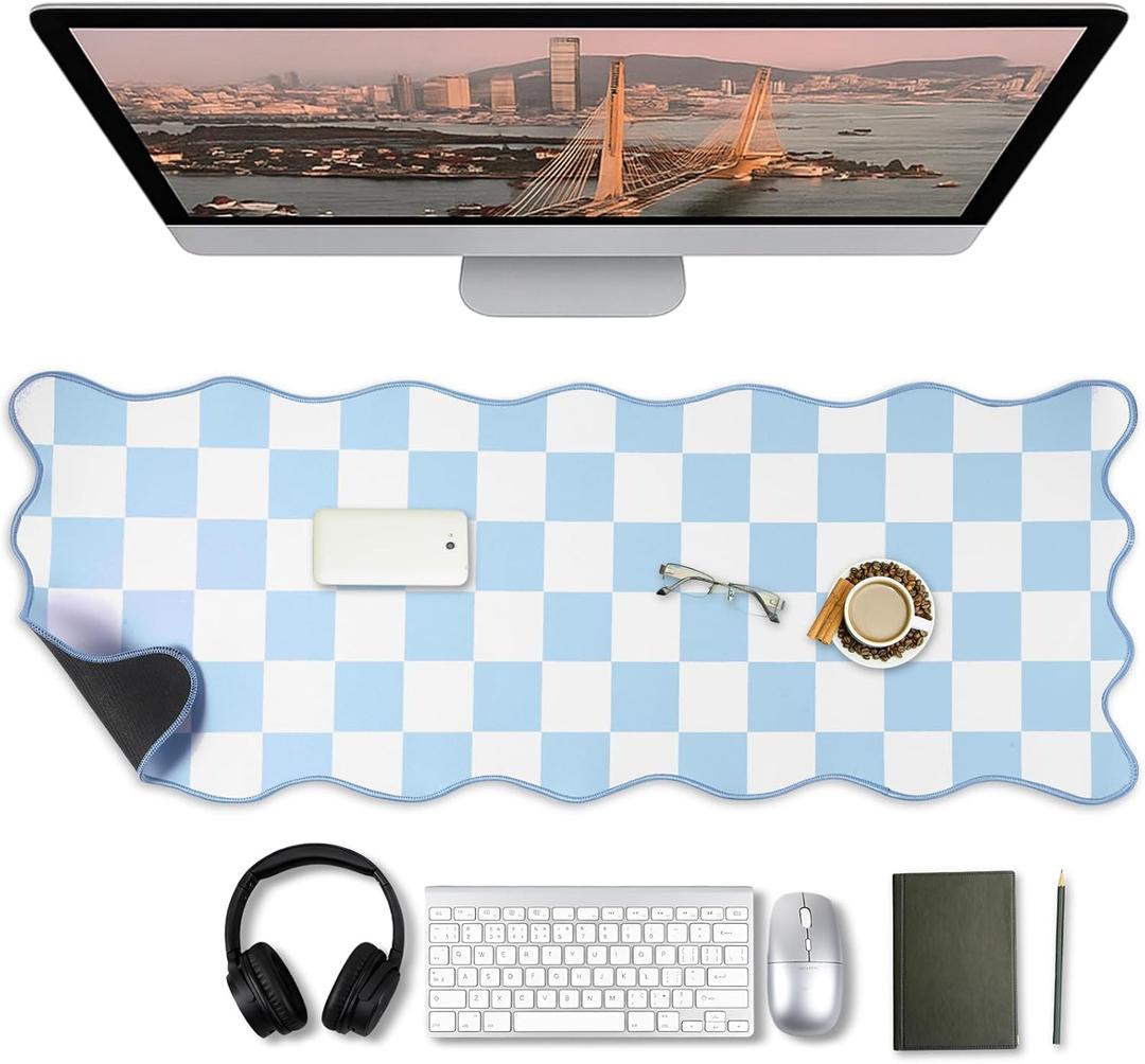 1 Pcs Blue Scalloped Checkered Desk Mat 31.5 x 11.8 Inch Large Cute Mouse Pad Computer Mat Non Slip Waterproof Rubber Base with Border Stitching Soft Keyboard Pad for Home Office Gaming Makeup