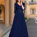 MISSMAY Women's Formal Floral Lace 2/3 Sleeves Long Evening Party Maxi Dress (Blue, M)