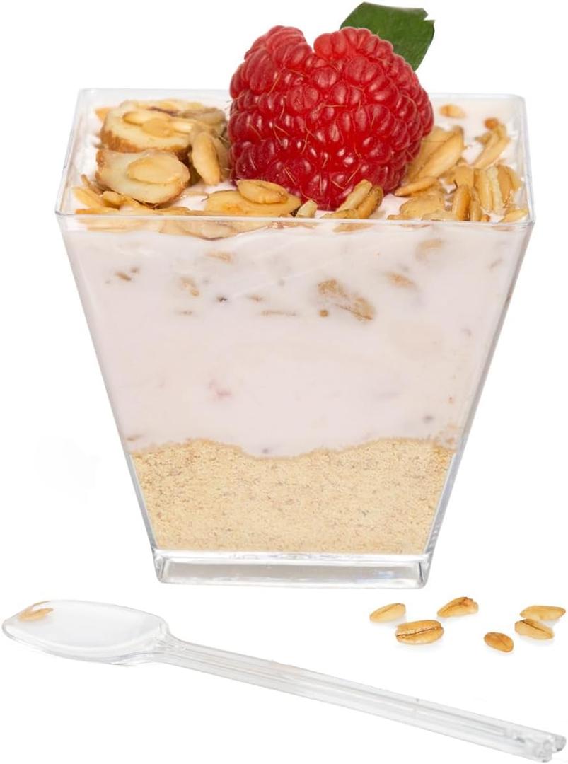 Ilyapa 2oz Plastic Dessert Cups - 50 Pack Mini Dessert Cups with Spoons - Clear Reusable Small Appetizer Cup for Cheesecake Shooters, Chocolate Mousse, Parfait - Party and Catering Supplies - Square