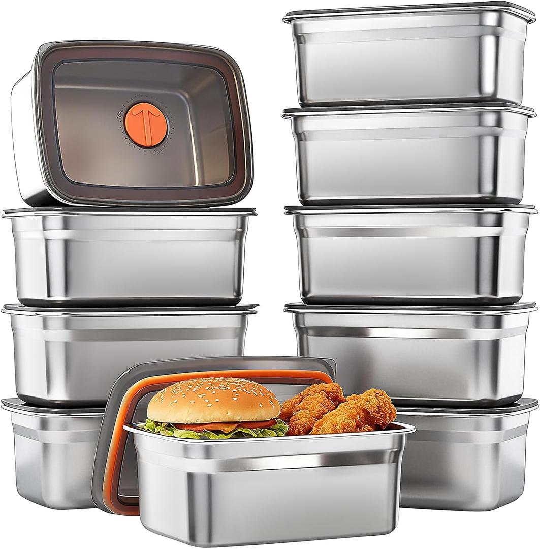 10 Pack Stainless Steel Food Storage Containers with Airtight Lids, 50 Oz Each - Stackable, Leakproof Kitchen/Freezer Meal Prep Containers (Dishwasher Safe)