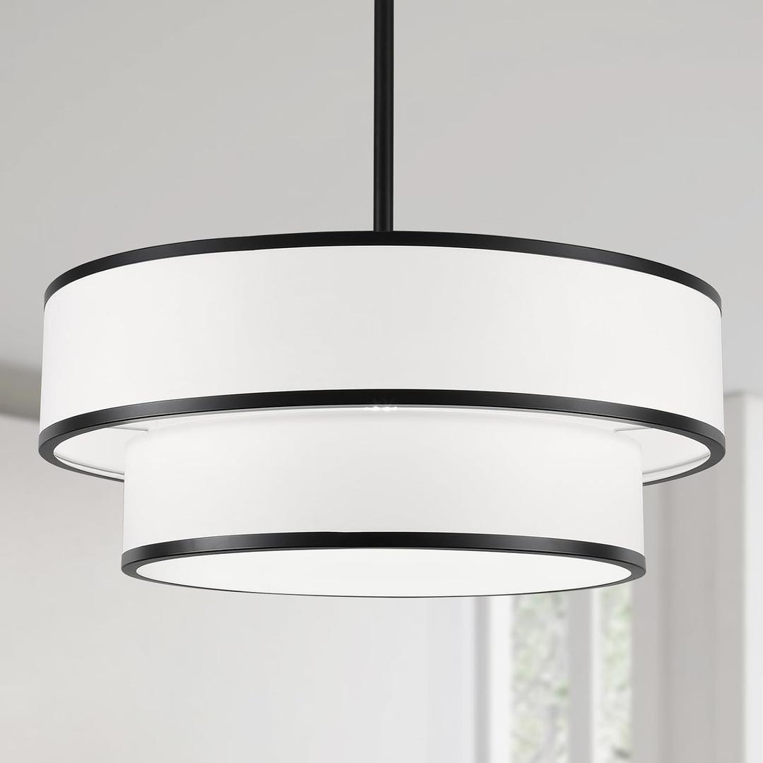 Drum Chandelier for Dining Room, 5-Light Modern Farmhouse Black Chandelier with Fabric Drum Shade, 20" Hanging Pendant Ceiling Light Fixture for Kitchen Island Bedroom Living Room (Black 19.8'')