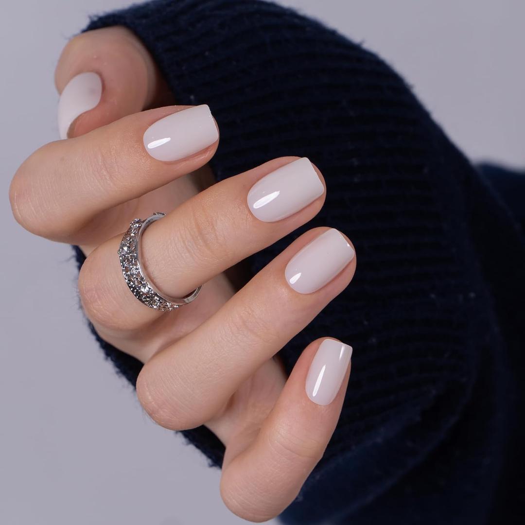 CurvLife Press on Nails Short Square Acrylic Fake Nails with Apricot Design Full Cover False Nails Glossy Nude Glue on Nails Artificial Stick on Nails for Women (Clean Milky Nude)