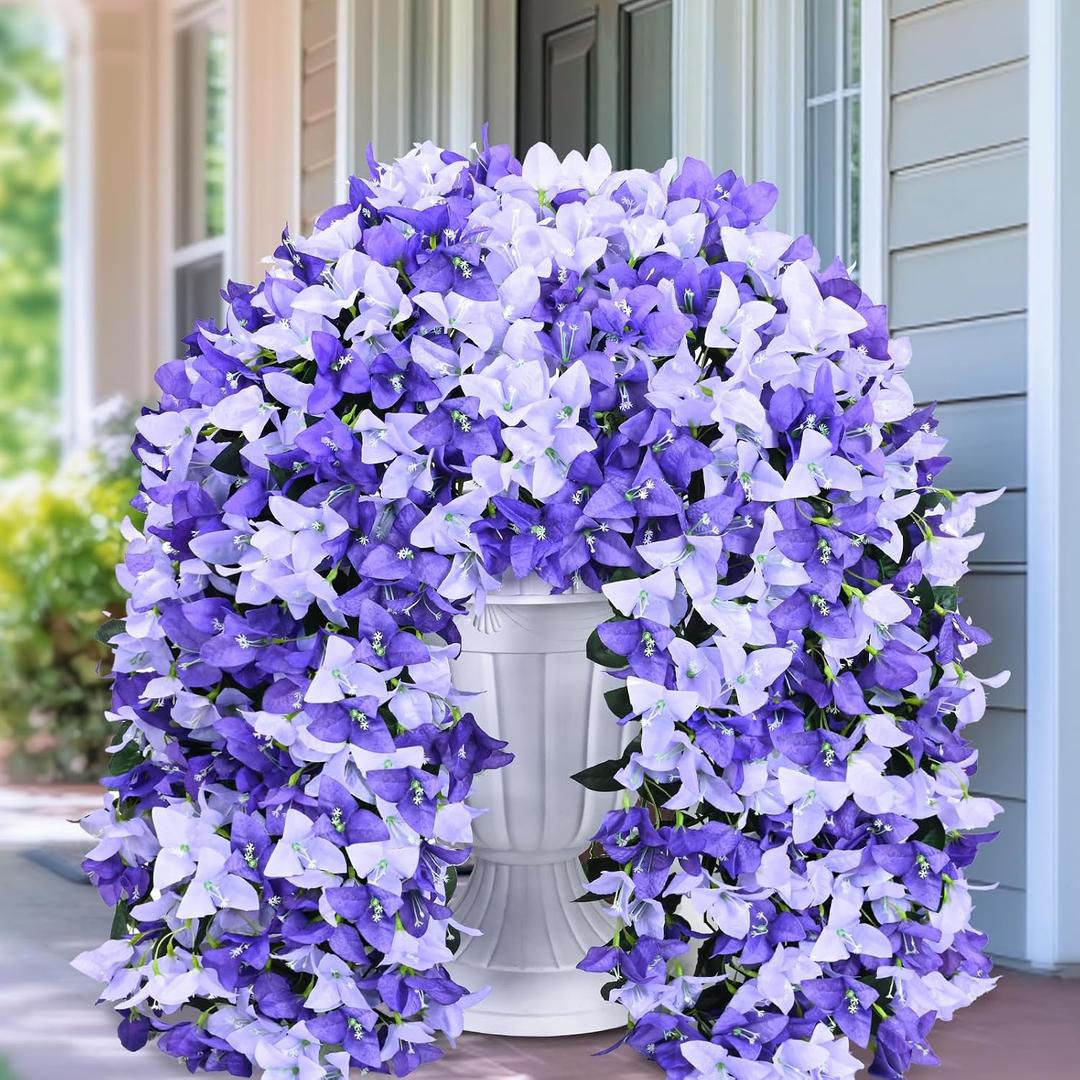 Artificial Flowers for Outdoors - 2 Pcs UV Resistant Realistic Faux Silk Bougainvillea Flowers, Fake Hanging Plants for Porch Patio Balcony Decoration (White & Purple)