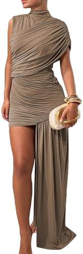 Kwunbwa Women's Sleeveless Ruched Maxi Dress Sexy Irregular Bodycon Casual Elegant Club Party Cocktail Long Dresses Large