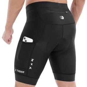 X-TIGER Bike Shorts for Men Padded Anti-Slip Leg Cycling Shorts with Zipper Pockets Mountain Bicycle Riding Road Biking (Black)