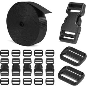 Buckles and Straps Set 1": 5 Yards of Thick Nylon Webbing,Heavy Duty Adjustable Quick Side Release Plastic Buckles (3/4" Combo Set)