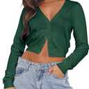 Ezbelle Women's Long Sleeve Open Front Cropped Lightweight Cardigan Sweater Button Down Shirt 2026 Fall Tops (Dark Green), S