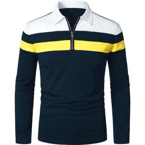 HOOD CREW Men’s Long Sleeve Polo Shirt Casual Slim Fit Shirts Contrast Color Patchwork T Shirts Cotton Tops (XL)
