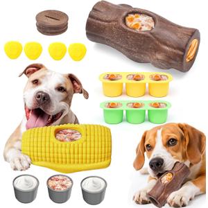2 Pack Dog Toys for Aggressive Chewers  Interactive Indestructible Dog Toys to Keep Them Busy  Frozen Treat Toy for Large & Medium Dogs, Reduces Anxiety, Tree Stump & Corn Shapes (Yellow Brown)