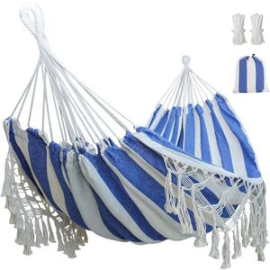 Boho Macrame Hammock with Elegant Tassels for Patio, Yard, Beach Wedding Decor, Outdoor and Indoor Up to 450lbs Include Tie Ropes and Drawstring Bag (Blue and White)