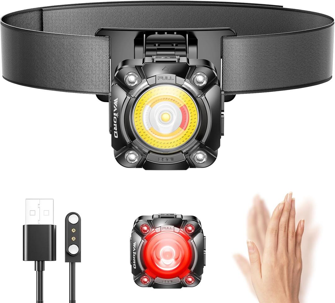 Rechargeable Headlamp with Cob LED Light, 600 Lumens Small Clip Flashlight with Magnetic Base, IP68 Waterprooft Motion Sensor Head Lamp with Red Light for Work & Outdoor.