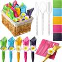 Gueevin 250 Pcs/50 Set Hawaiian Hibiscus Napkin Cutlery Set Hawaiian Luau Party Supply Disposable Cutlery with Knives Fork Spoon Tropical Summer Napkin Hibiscus Party Table Decor, Serve 50 Guest
