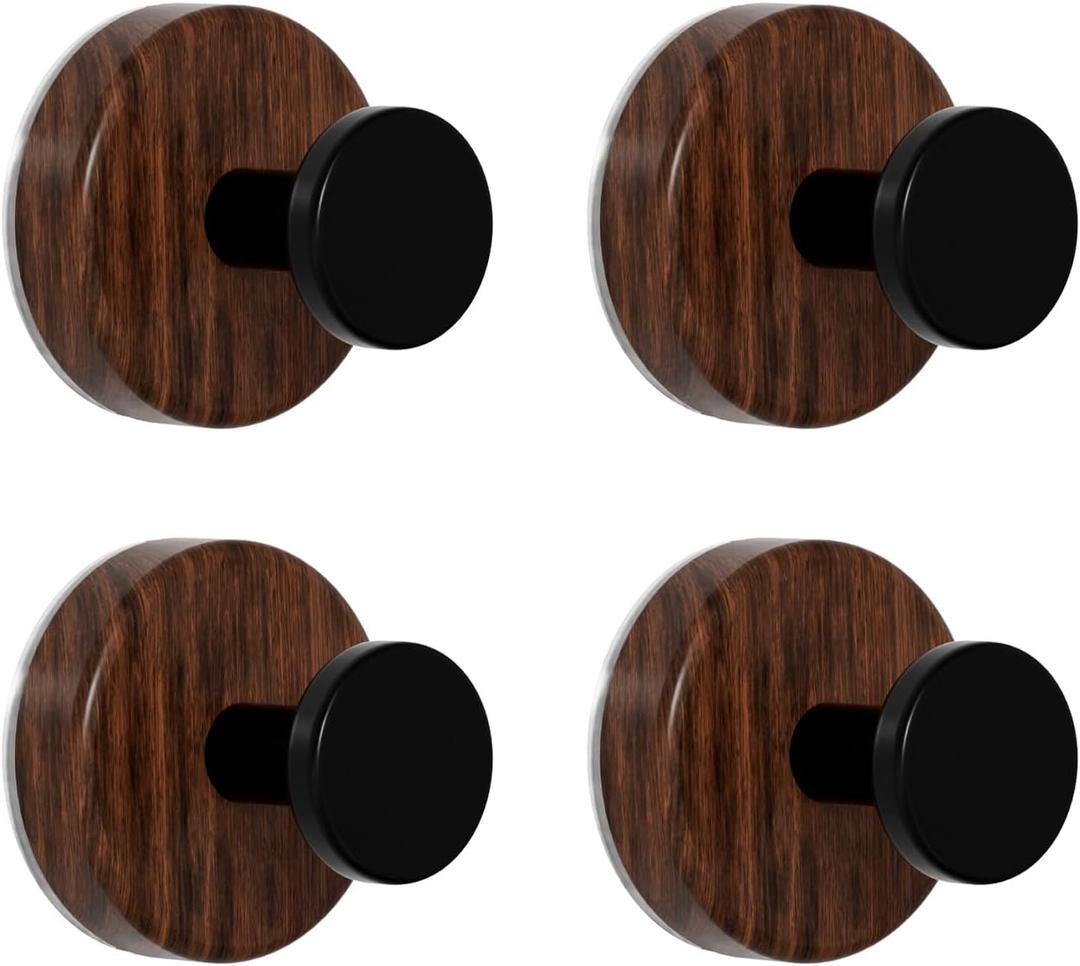 Walnut Wooden Suction Cup Hook, No-Drill, Waterproof  Behind Door, Bathroom & Closet Hat Hook, Adhesive Smooth Wall Mount, Rustic Wooden Style for Home Decor (4 Pack)