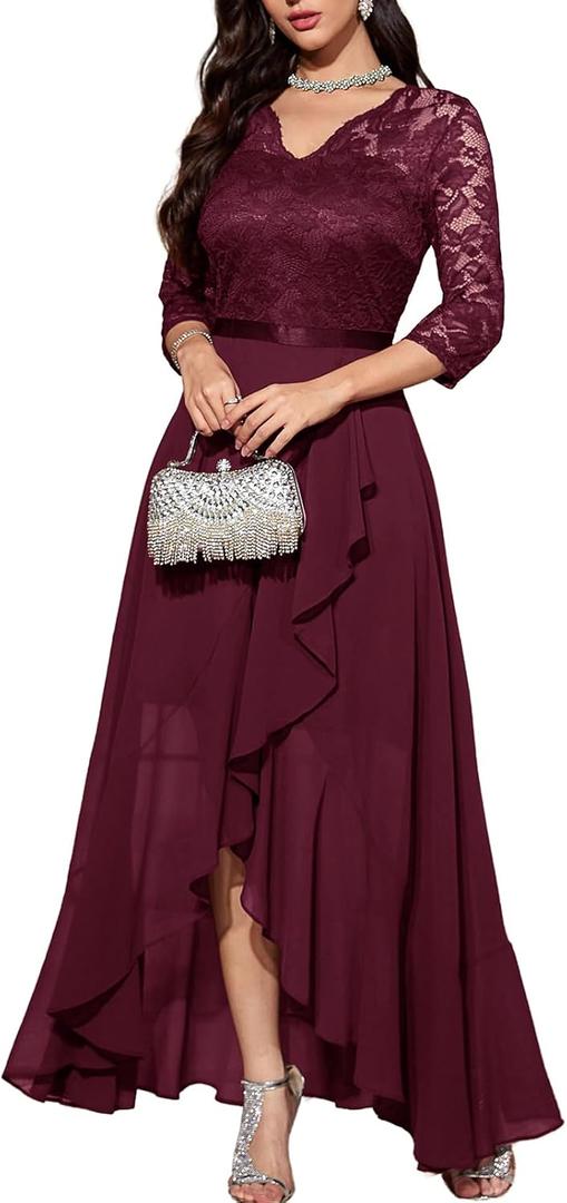 Bbonlinedress Women's V-Neck Dress for Women Wedding Guest Hi-Lo Floral Lace Prom Cocktail Party Formal Bridesmaid Dress (Medium)