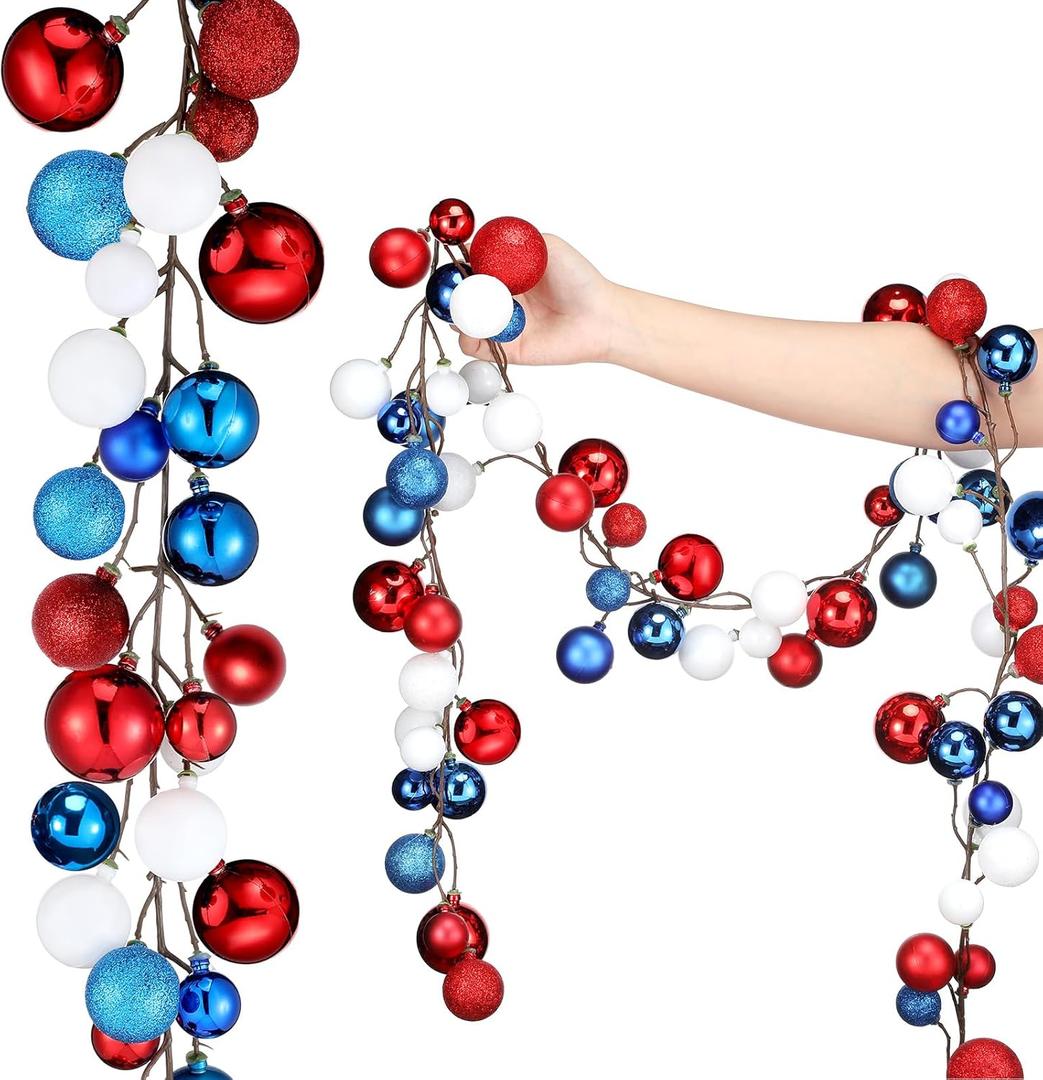 Juexica 4. 8 ft 4th of July Ball Garland Red White and Blue Ball Ornaments Glitter Patriotic Hanging Wreath Garland for Independence Day Home Mantel Stairs Decorations