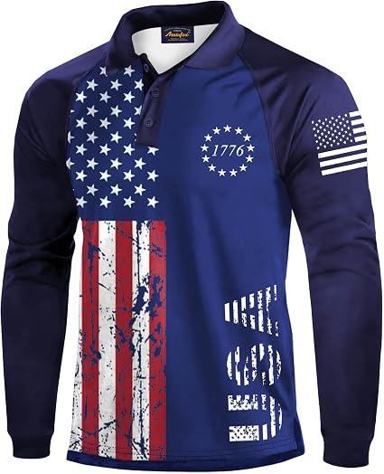 Mainfini Men's Long Sleeve 1776 Golf Shirt USA Flag Graphic Button Polo Shirt, XL 