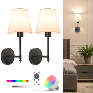NIORSUN 14.5 inch Battery Operated Wall Sconce Set of 2,Black Rechargeable Wall Lights with 5200mAh Dimmable Detachable Bulbs and Remote,9 Colors Wireless Sconces for Bedroom Living Room Hallway Decor